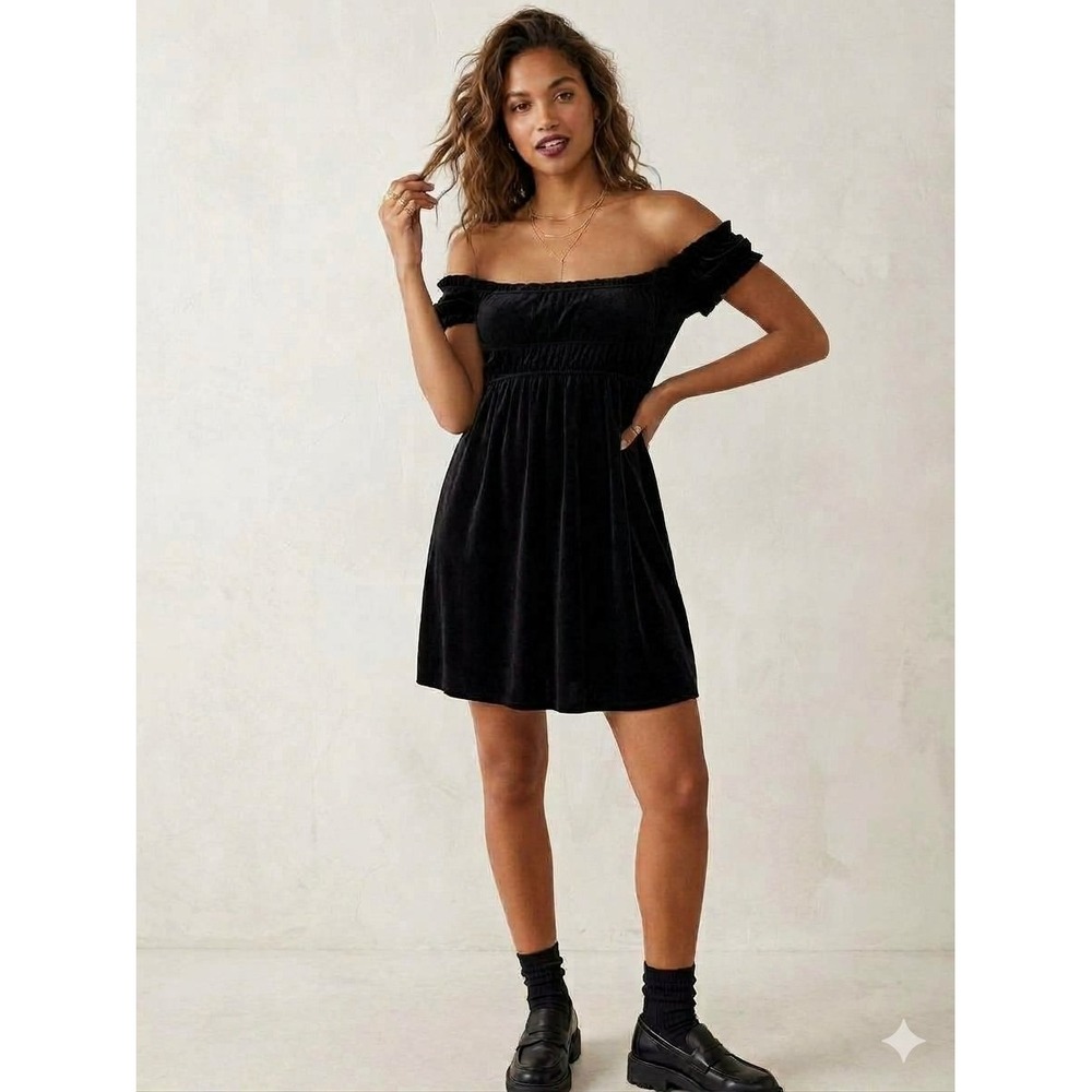Free People Black Velvet Smocked Mini Dress Off Shoulder Ruffle S